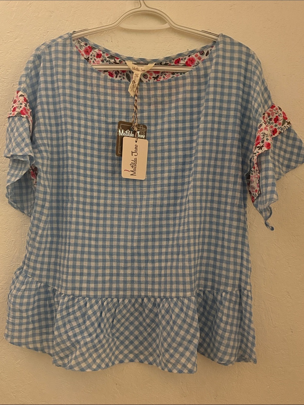 Matilda Jane Light Blue Gingham Ruffle Sleeve Blouse with Floral Trim